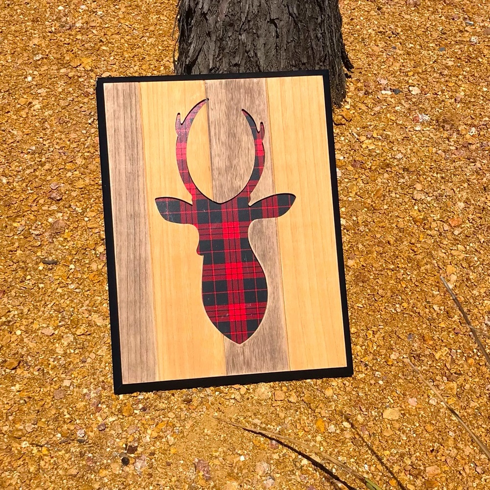 Hobby Lobby, plaid, red and black, deer cut-out.